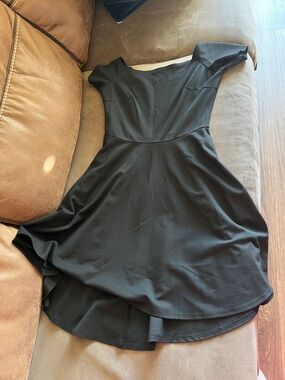 Black High-Low Fit & Flare Dress - Elegant Off-Shoulder Style